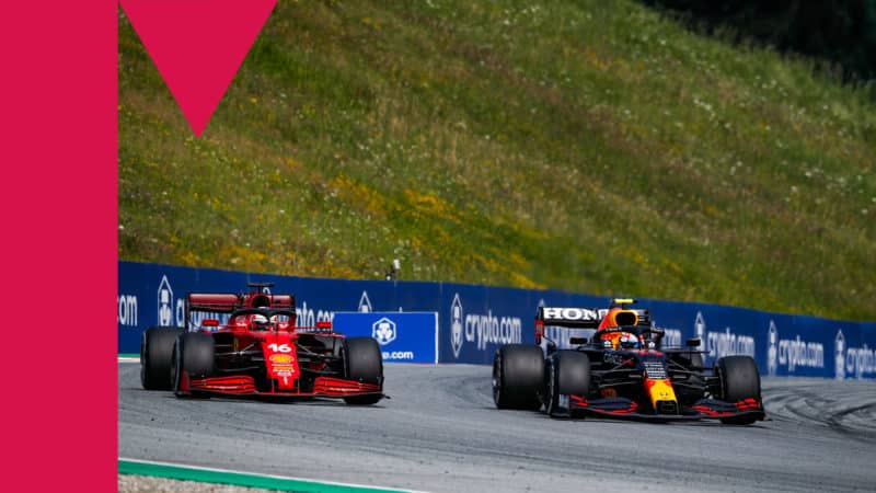 16 LECLERC Charles (mco), Scuderia Ferrari SF21, 11 PEREZ Sergio (mex), Red Bull Racing Honda RB16B, action during the Formula 1 Grosser Preis Von Osterreich 2021, 2021 Austrian Grand Prix, 9th round of the 2021 FIA Formula One World Championship from July 2 to 4, 2021 on the Red Bull Ring, in Spielberg, Austria - Photo Florent Gooden / DPPI