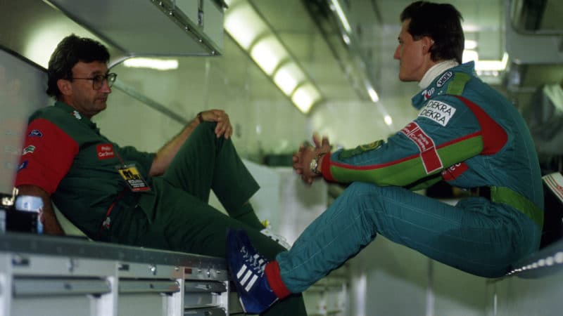 Formel 1, Grand Prix Belgien 1991, Spa-Francorchamps, 25.08.1991 Jordan-LKW Eddie Jordan Michael Schumacher www.hoch-zwei.net , copyright: HOCH ZWEI / Ronco (Photo by Hoch Zwei/Corbis via Getty Images)