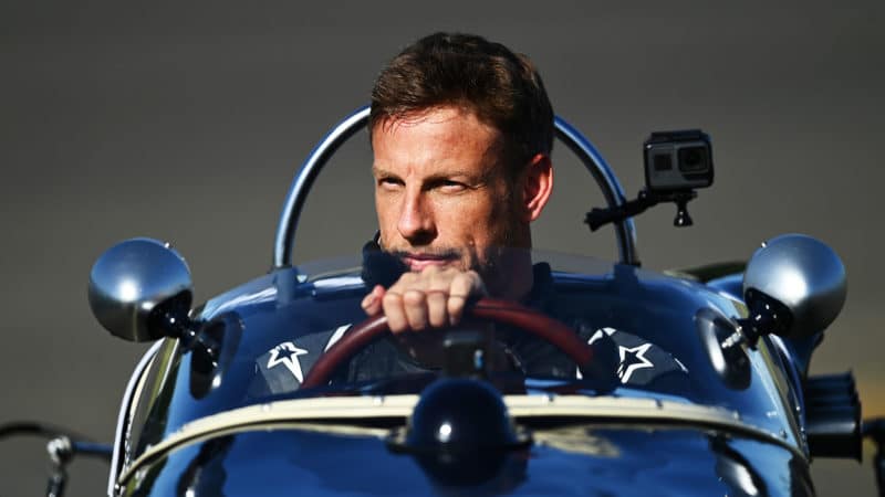 NORTHAMPTON, ENGLAND - AUGUST 07: Jenson Button drives the Lotus 18 of the late Stirling Moss as part of a tribute before practice for the F1 70th Anniversary Grand Prix at Silverstone on August 07, 2020 in Northampton, England. (Photo by Clive Mason - Formula 1/Formula 1 via Getty Images)
