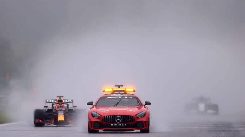 Cars in spray behind safety car at Spa in 2021 Belgian GP