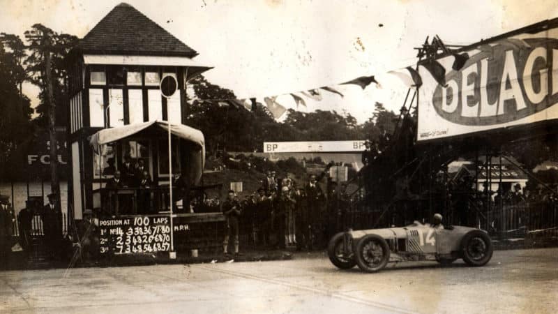 Delage of Senechal crosses the line to win the first British Grand Prix at Brooklands in 1926