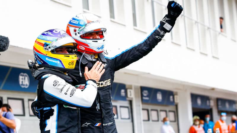 Fernando Alonso and Estebn Ocon after the 2021 Hungarian Grand Prix