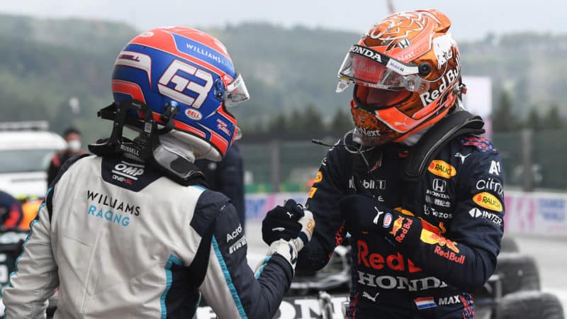 George Russell and Max Verstappen shake hands after 2021 Belgian Grand Prix qualifying