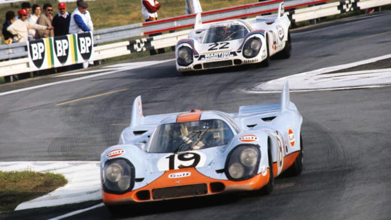 Gulf and Martini Porsche 917s at the 1971 Le Mans 24 Hours