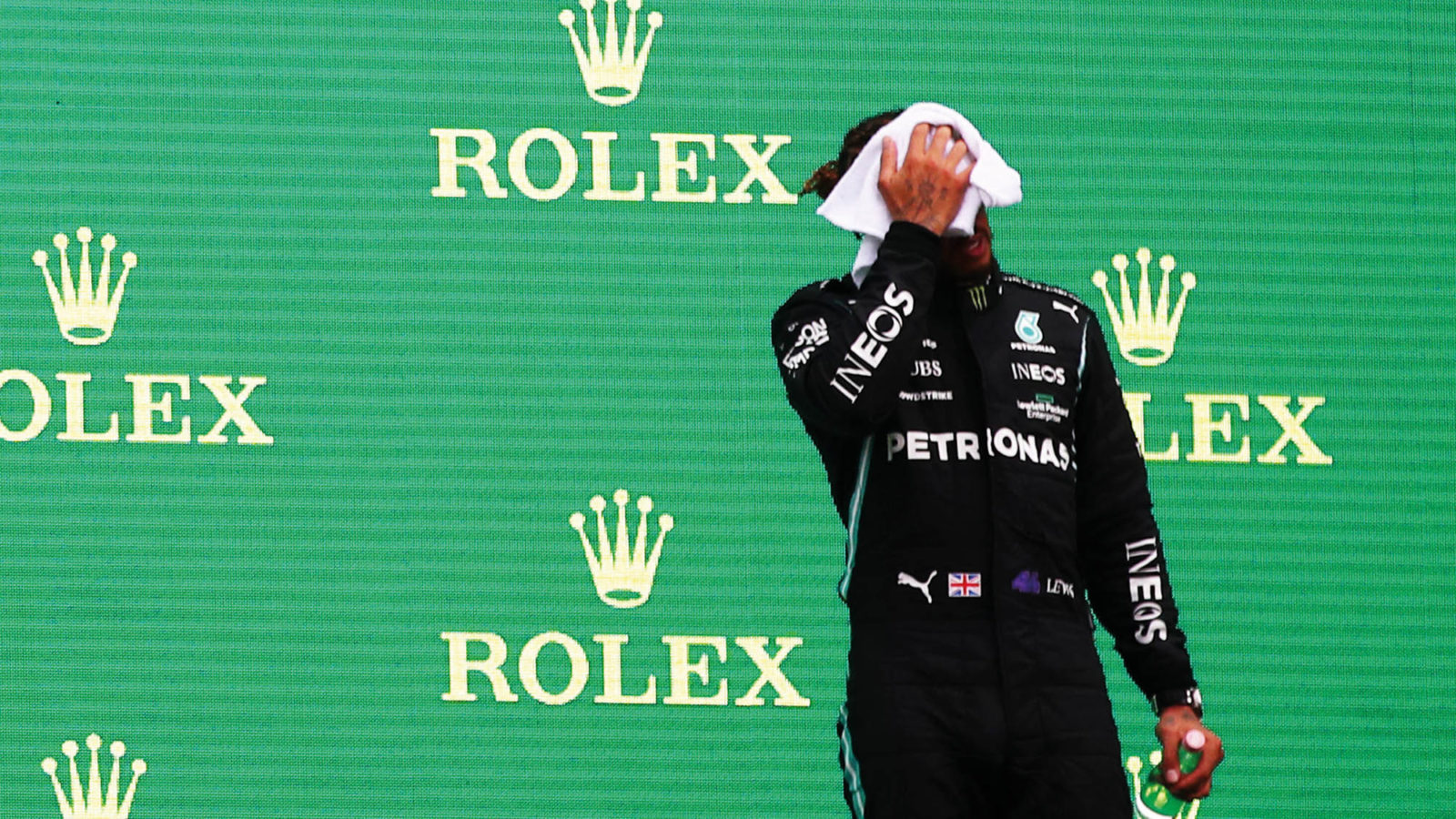 Lewis Hamilton on the podium after the 2021 Hungarian Grand Prix