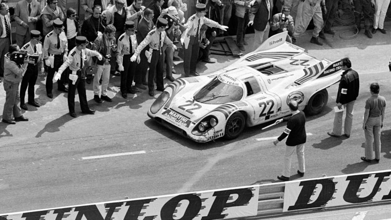 Martini Porsche 917 leaving Le Mans pits in 1971