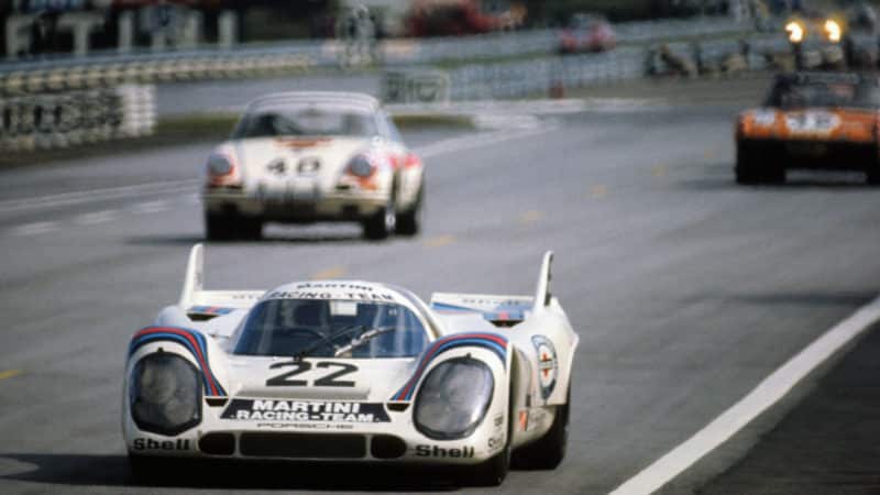 Marko van Lennep Porsche 917 lapping traffic at Le Mans 1971