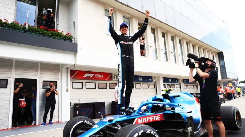 BUDAPEST, HUNGARY - AUGUST 01: Race winner Esteban Ocon of France and Alpine F1 Team celebrates in parc ferme during the F1 Grand Prix of Hungary at Hungaroring on August 01, 2021 in Budapest, Hungary. (Photo by Dan Istitene - Formula 1/Formula 1 via Getty Images)