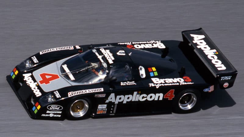 DAYTONA BEACH, FL - FEBRUARY 1-2, 1987: The Roush Racing Ford Mustang Probe II negotiates the high banks of Daytona International Speedway during the SunBank 24 at Daytona. The car was driven by Scott Pruett, Pete Halsmer and Tom Gloy, but dropped from competition after 120 laps, and was scored 58th. (Photo by ISC Images & Archives via Getty Images)