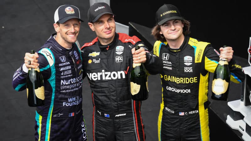 Romain Grosjean with Will Power and Colton Herta after 2021 Indianapolis road course GP