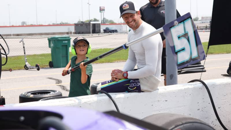 Romain Grosjean with his son at the 2021 Gateway oval test
