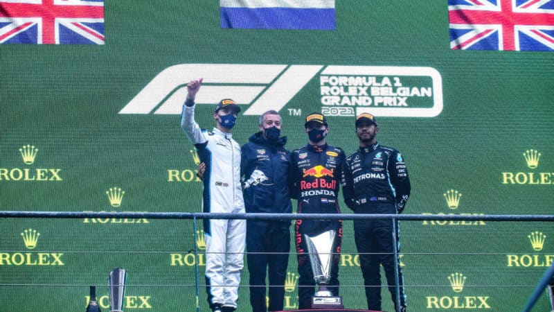 Russell Verstappen and Hamilton on the podium after 2021 Belgian Grand Prix