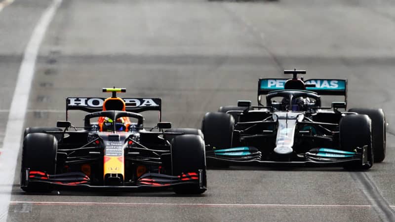 Sergio Perez and Lewis Hamilton battle at the 2021 Azerbaijan Grand Prix