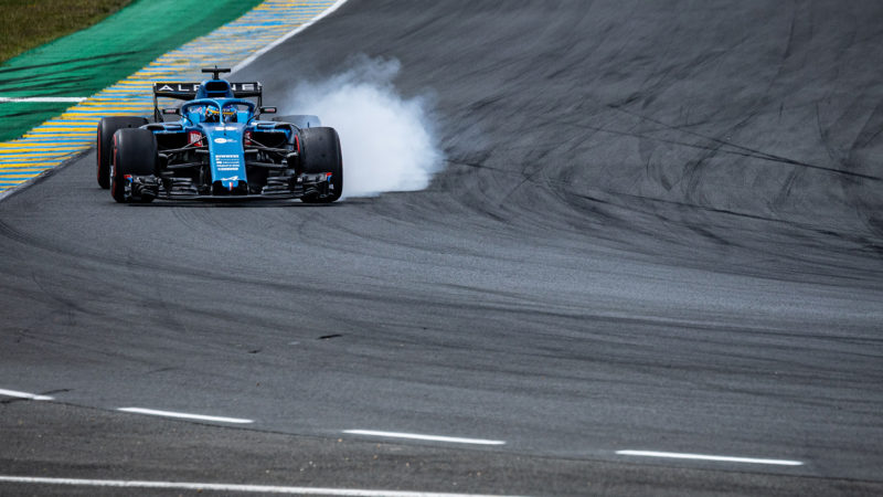 Smoke as Fernando Alonso locks up on LE Mans demonstration run in Alpine F1 car