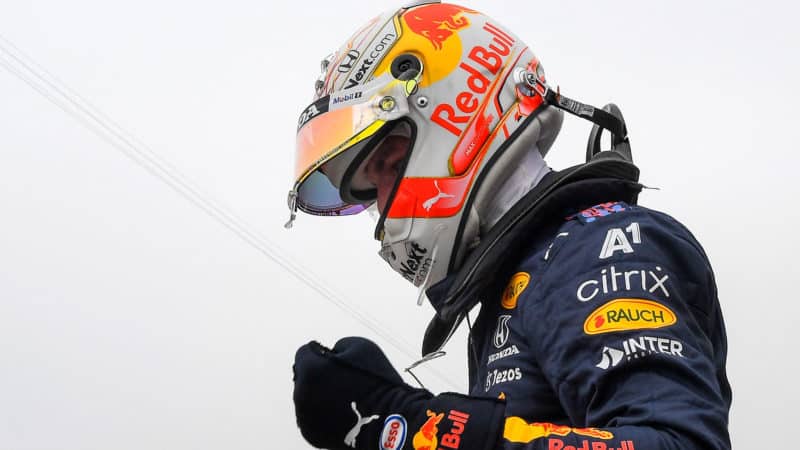 Red Bull's Dutch driver Max Verstappen celebrates in the parc ferme at the end of the qualifying sessions at the Circuit Paul-Ricard in Le Castellet, southern France, on June 19, 2021, ahead of the French Formula One Grand Prix. - Max Verstappen claimed pole on June 19, 2021, for the French Grand Prix with Lewis Hamilton's Mercedes alongside the Red Bull driver on the front row. (Photo by NICOLAS TUCAT / POOL / AFP) (Photo by NICOLAS TUCAT/POOL/AFP via Getty Images)