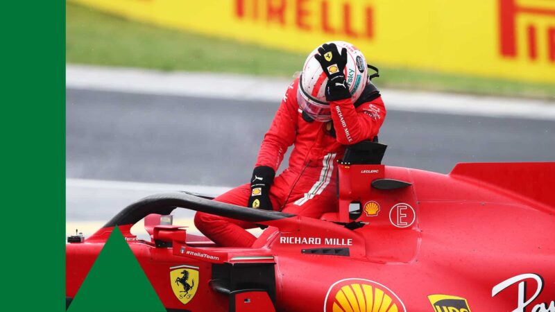 BUDAPEST, HUNGARY - AUGUST 01: Charles Leclerc of Monaco and Ferrari retires from the race during the F1 Grand Prix of Hungary at Hungaroring on August 01, 2021 in Budapest, Hungary. (Photo by Joe Portlock - Formula 1/Formula 1 via Getty Images)