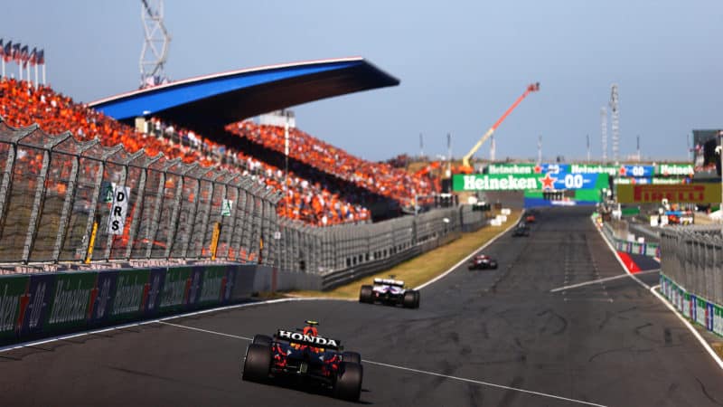 A line of cars ahead of Sergio Perez in the 2021 Dutch Grand Prix