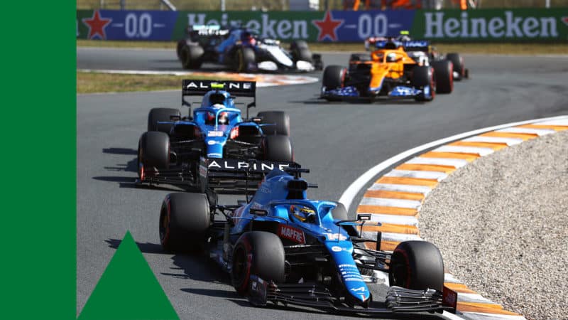 ZANDVOORT, NETHERLANDS - SEPTEMBER 05: Fernando Alonso of Spain driving the (14) Alpine A521 Renault leads Esteban Ocon of France driving the (31) Alpine A521 Renault during the F1 Grand Prix of The Netherlands at Circuit Zandvoort on September 05, 2021 in Zandvoort, Netherlands. (Photo by Bryn Lennon/Getty Images)