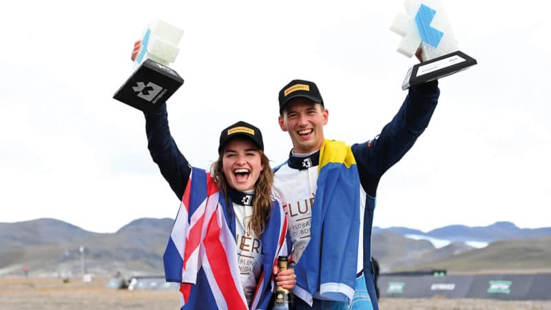 Catie Munnings and Timmy Hansen celebrate at Extreme E Greenland race