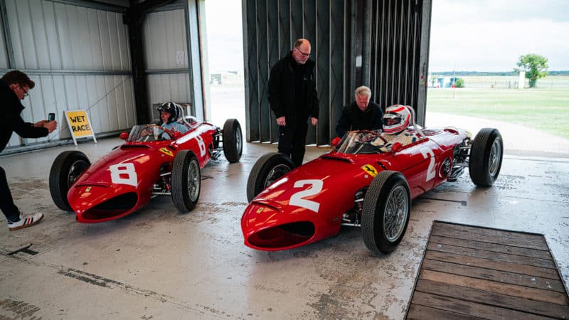 Damon Hill and Martin Brundle with Ferrari Sharknoses in Thruxton pit