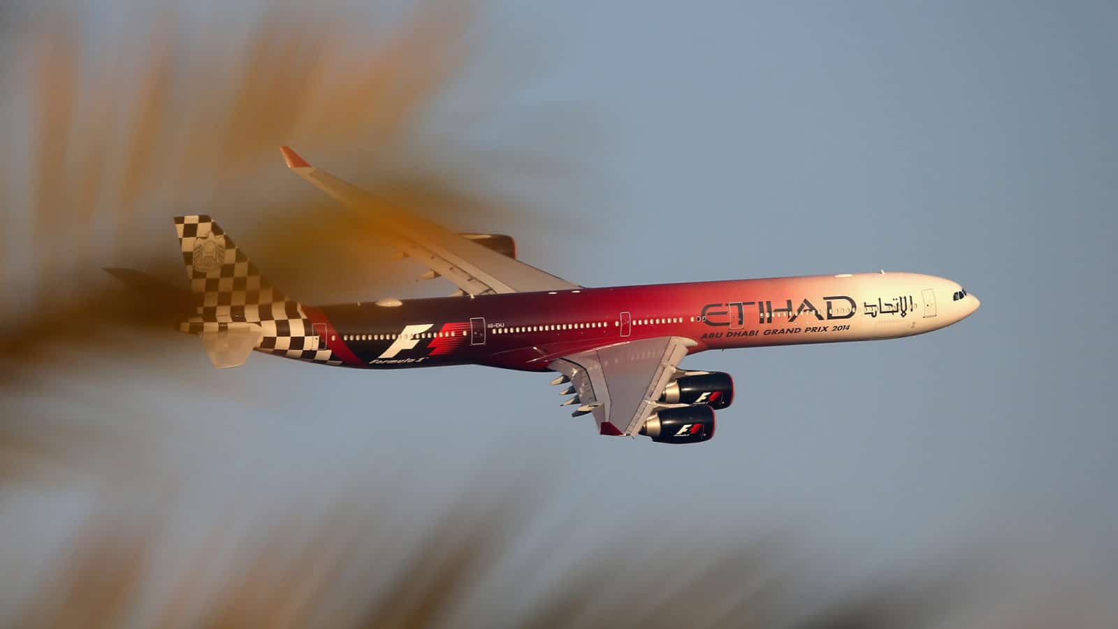 Etihad F1 branded plane in the sky