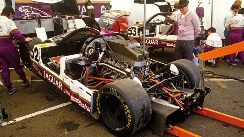 Exposed chassis and engine of Jaguar XJR-9 at Le Mans 1986