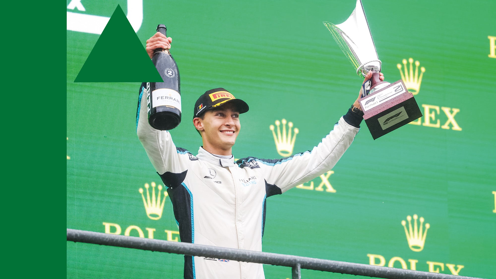 George Russell on the podium at Spa 2021