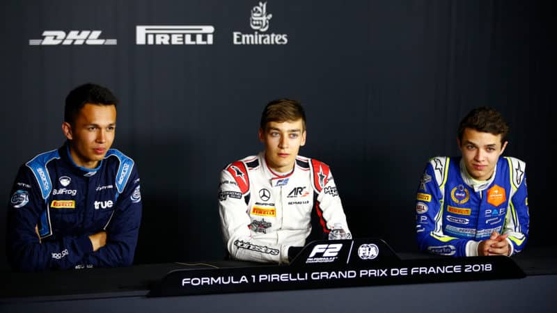 George Russell with Alex Albon and Lando Norris in F2