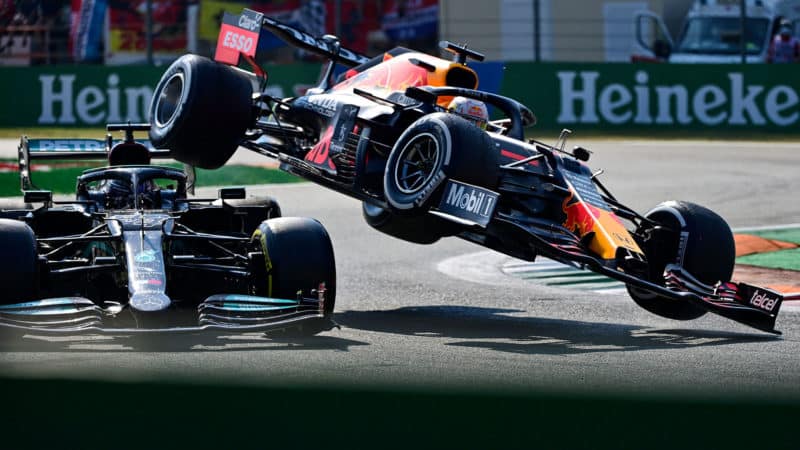 Max Verstappen launched into the air by Lewis Hamilton at Monza 2021