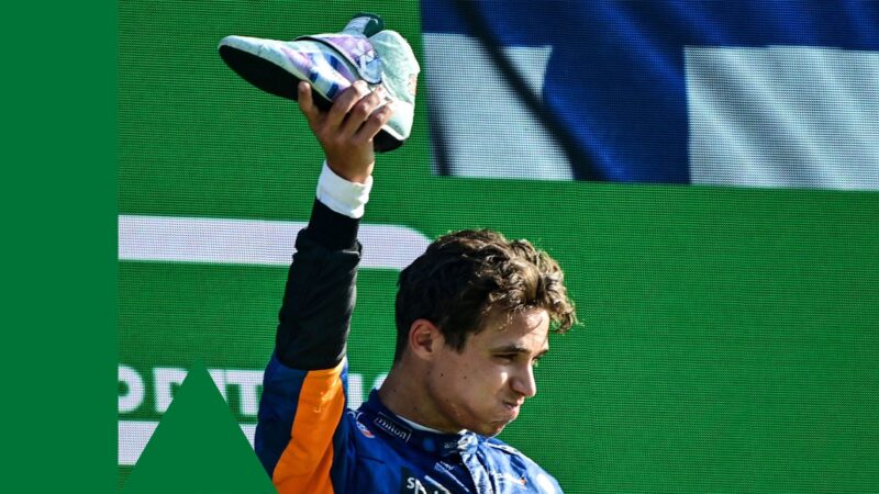 Second-placed McLaren's British driver Lando Norris drinks out of a shoe as he celebrates on the podium after the Italian Formula One Grand Prix at the Autodromo Nazionale circuit in Monza, on September 12, 2021. (Photo by ANDREJ ISAKOVIC / AFP) (Photo by ANDREJ ISAKOVIC/AFP via Getty Images)