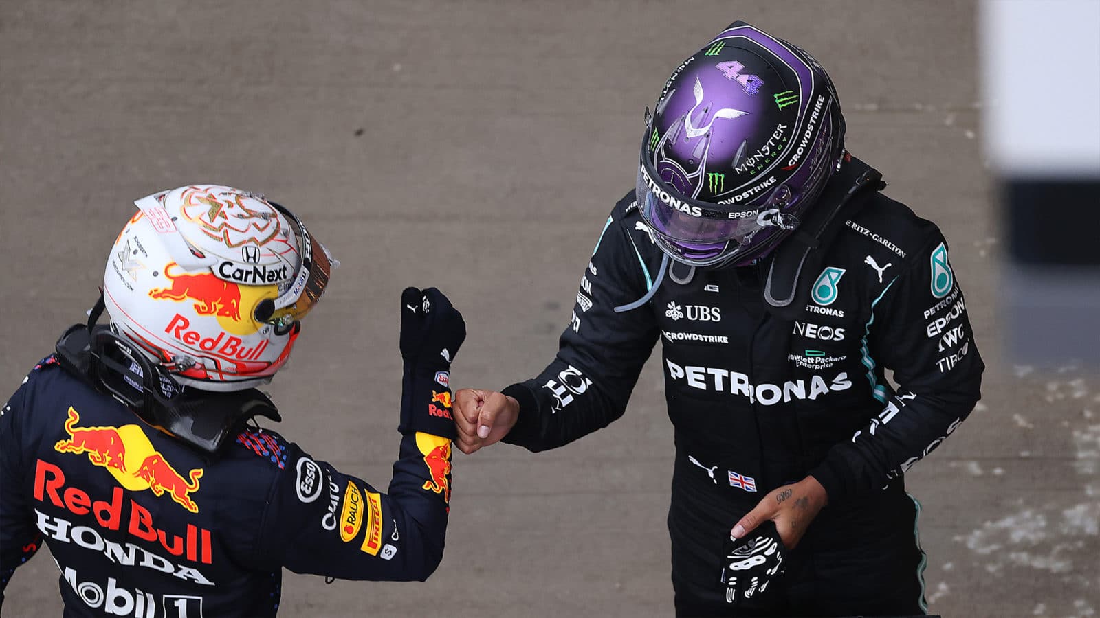 Lewis Hamilton and Max Verstappen bump fists