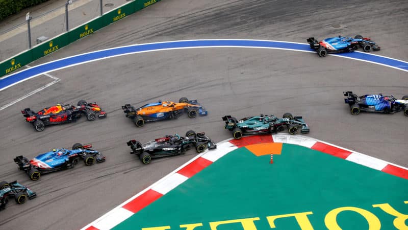 Lewis Hamilton falls back at the start of the 2021 Russian Grand Prix