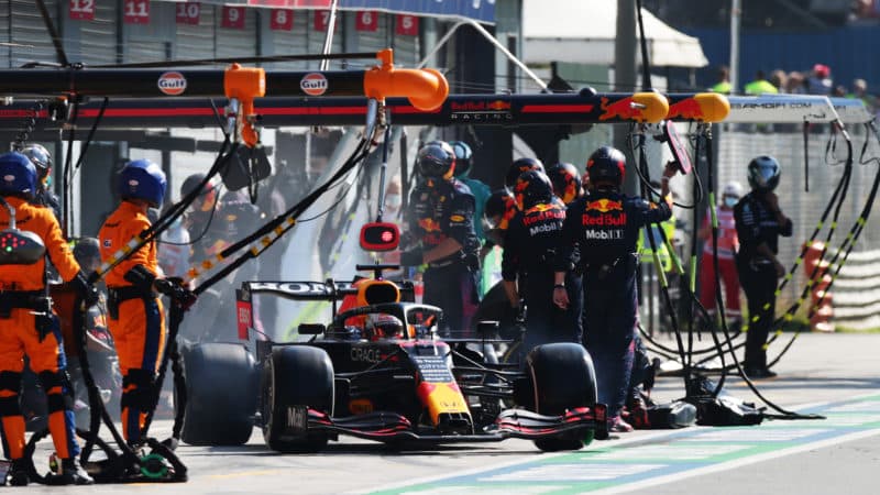 Max Verstappen leaves the Monza pits in the 2021 Italian Grand Prix