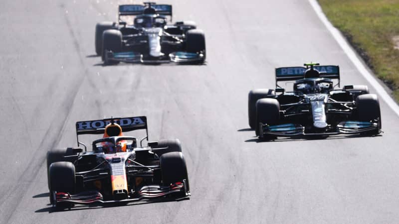 Max Verstappen passes Valtteri Bottas in the 2021 Dutch Grand Prix