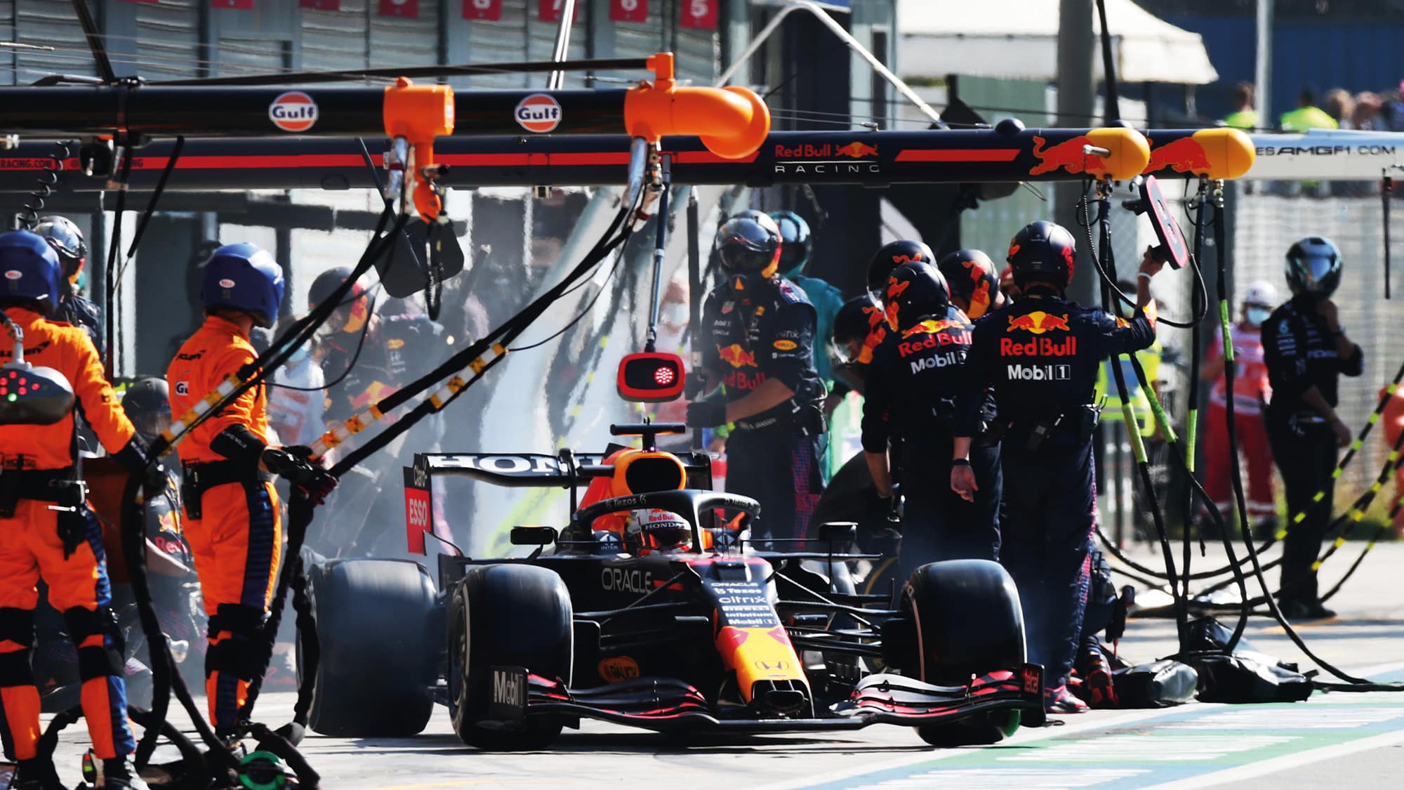Max Verstappen pulls out of the pits at Monza in 2021