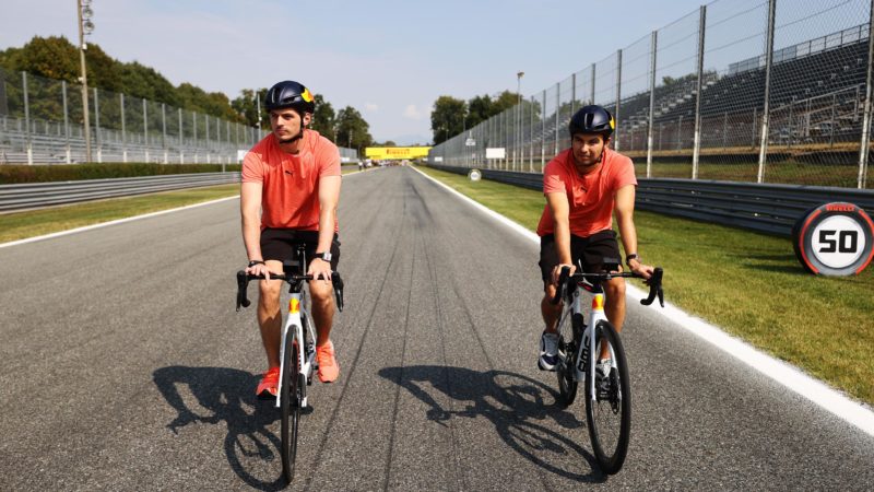 Max Verstappen and Sergio Perez cycling at Monza