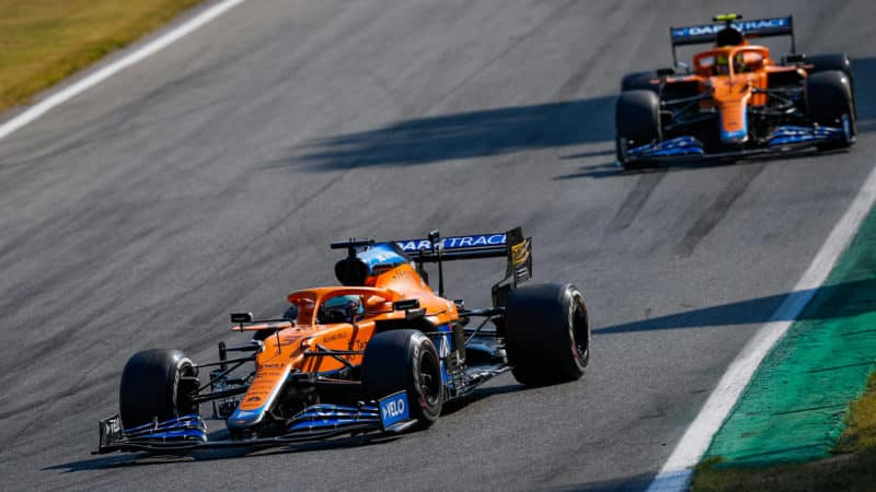 McLarens of Daniel ricciardo and Lando Norris on track at Monza
