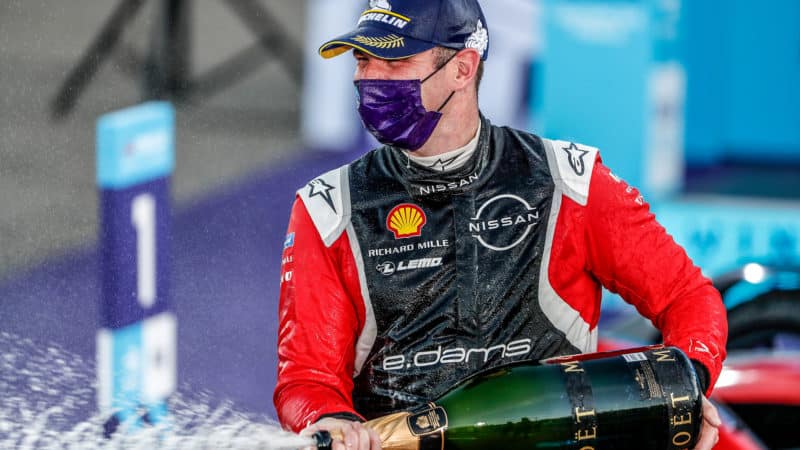 Oliver Rowland celebrates Formula E victory in Berlin