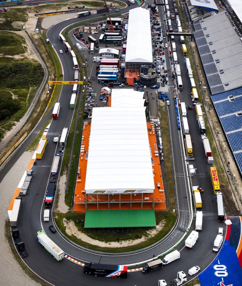 Overhead view of F1 trucks unloading at Zandvoort