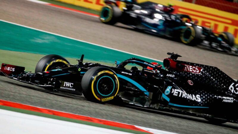 Mercedes' British driver George Russell drives during the Sakhir Formula One Grand Prix at the Bahrain International Circuit in the city of Sakhir on December 6, 2020. (Photo by HAMAD I MOHAMMED / POOL / AFP) (Photo by HAMAD I MOHAMMED/POOL/AFP via Getty Images)