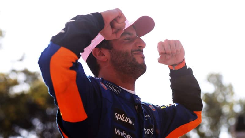 MONZA, ITALY - SEPTEMBER 12: Race winner Daniel Ricciardo of Australia driving the (3) McLaren F1 Team MCL35M Mercedes celebrates in parc ferme during the F1 Grand Prix of Italy at Autodromo di Monza on September 12, 2021 in Monza, Italy. (Photo by Lars Baron/Getty Images)