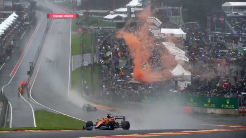 Spray as cars go through Eau Rouge at the 2021 Belgian Grand Prix