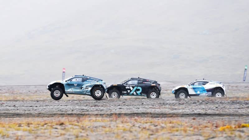 Three Extreme E cars in a line at Greenland glacier