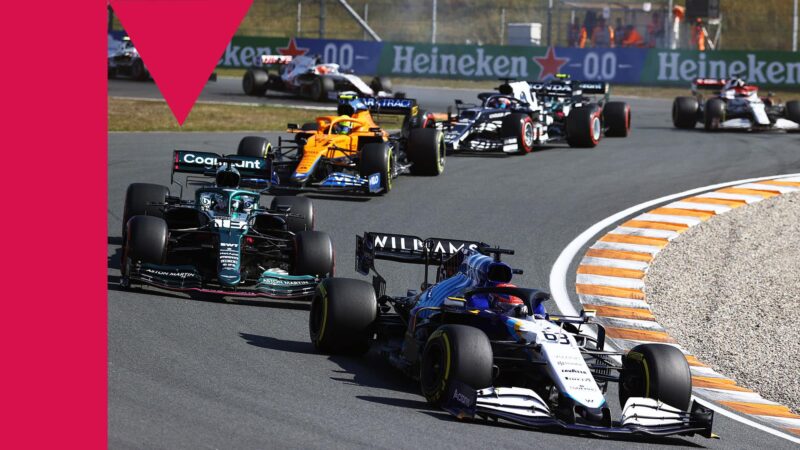 ZANDVOORT, NETHERLANDS - SEPTEMBER 05: George Russell of Great Britain driving the (63) Williams Racing FW43B Mercedes leads Lance Stroll of Canada driving the (18) Aston Martin AMR21 Mercedesduring the F1 Grand Prix of The Netherlands at Circuit Zandvoort on September 05, 2021 in Zandvoort, Netherlands. (Photo by Bryn Lennon/Getty Images)