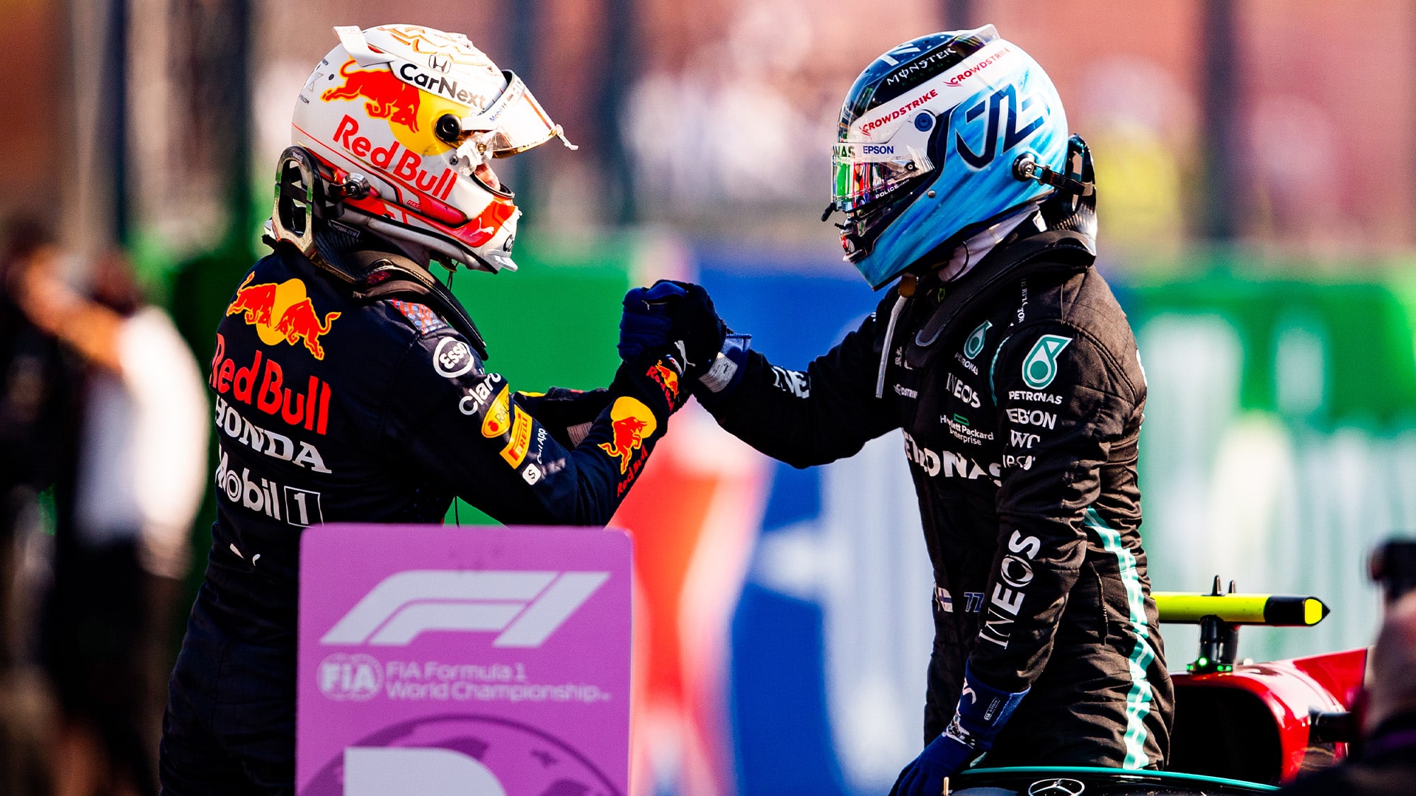 Verstappen shakes hands with Bottas after 2021 sprint qualifying at Monza
