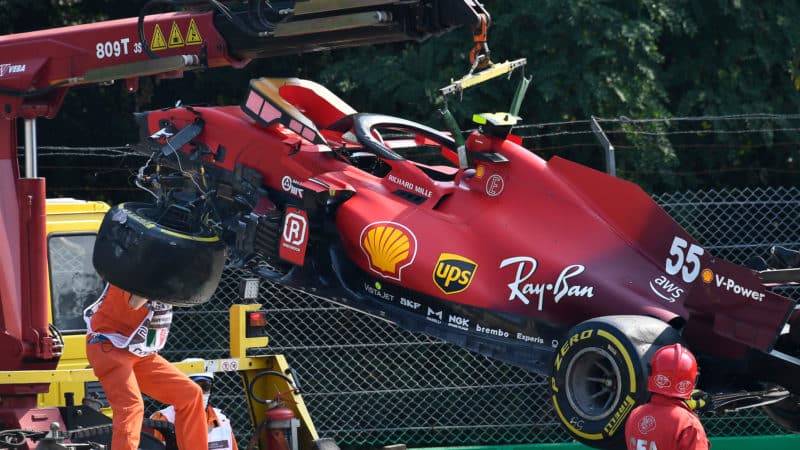 Wreckage of Carlos Sainz Ferrari at monza 2021