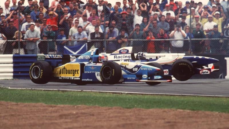 Damon Hill and Michael Schumacher crash at Silverstone in 1995