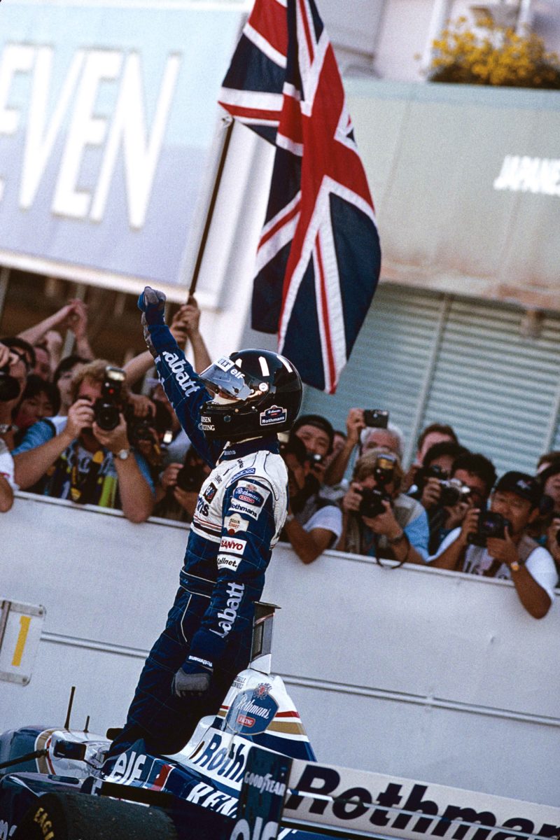 Damon-Hill-celebrates-winning-the-1996-F1-championship-at-Suzuka