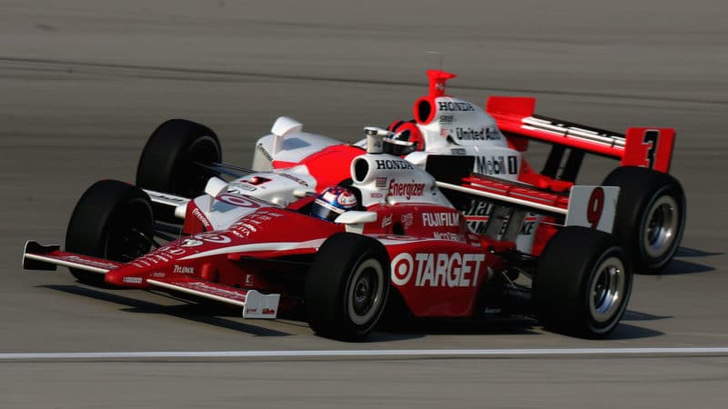 JOLIET, IL - SEPTEMBER 9: Scott Dixon, driver of the #9 Target Ganassi Racing Dallara Honda, drives next to Helio Castroneves, driver of the #3 Marlboro Penske Honda Dallara, during practice for the Indy Racing League IndyCar Series Peak Antifreeze Indy 300 on September 9, 2006 at Chicagoland Speedway in Joliet, Illinois. (Photo by Donald Miralle/Getty Images)