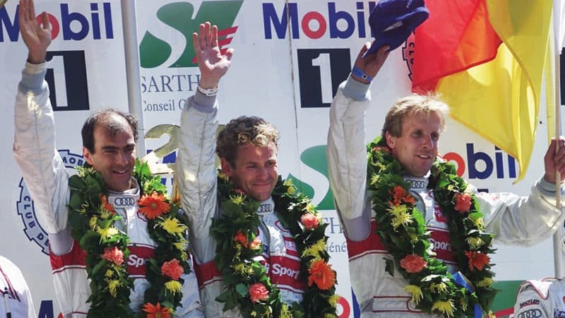 Emanuele Pirro Tom Kristensen and Frank Biela on the Le Mans podium